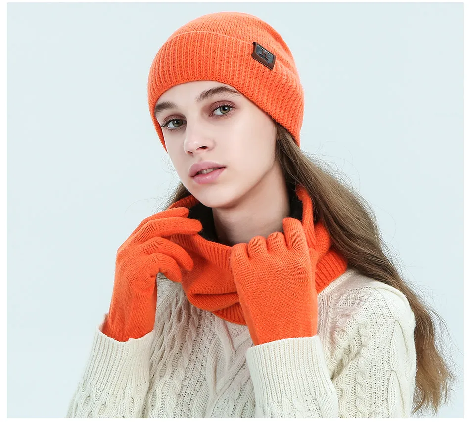 Evrfelan New Warm Winter Hat Scarf Gloves Set Women Men Thick Touch Screen Gloves Thick Soft Beanies Hat Ring Scarf Unisex