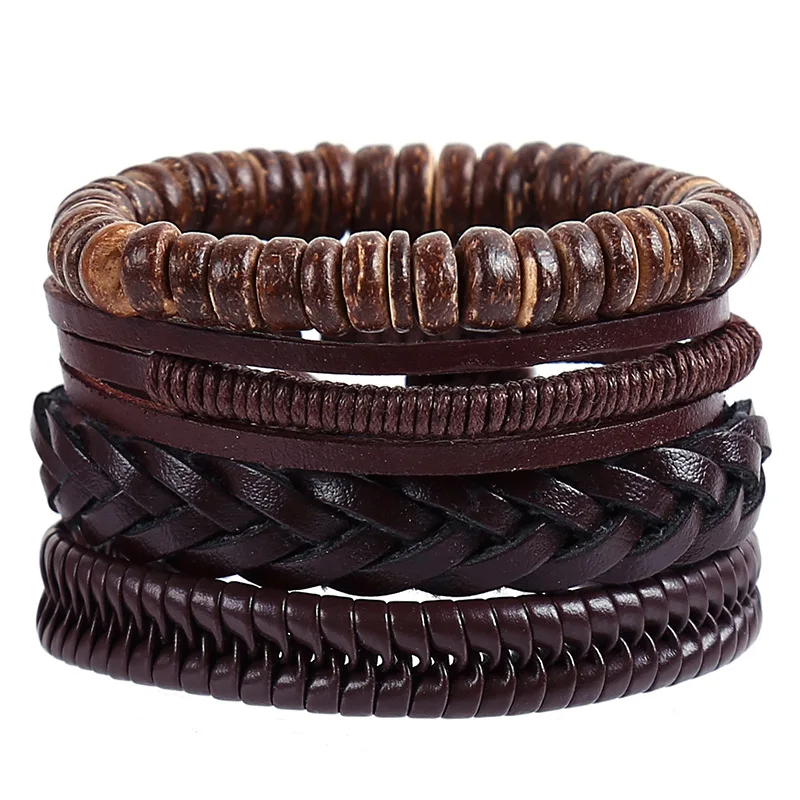 

New Retro Woven Multilayer Leather Bracelet Supply of Men's Combination Set Hand Knitting 4 In 1 Wrist Strap Simple and Elegant