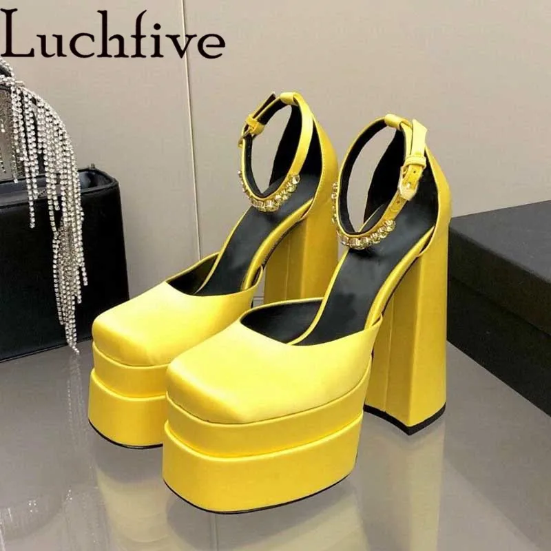 

Satin Chunky High Heels Sandals Square Toe Shoes Woman Crystal Platform Shoes Ankle Strap Outwear Multicolors Sandals