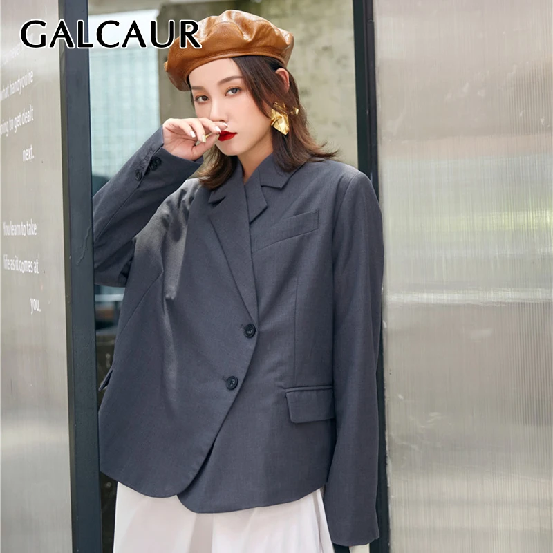 

GALCAUR Elegant Female Blazer Notched Long Sleeve Single Button Korean Female Suits 2019 Autumn Fashion New Ladies OL Style