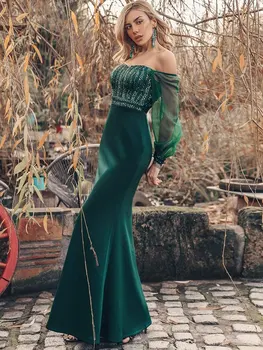

Elegant Strapless Backless Lantern Sleeve Prom Party Gown Floor Length Seqwuins Evening Formal Dress