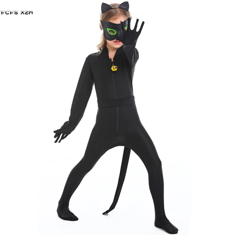 Маскарадный костюм черного кота для девочек; Детский костюм на Хэллоуин; костюм женщины-кошки; карнавальный парад Пурима; маскарадный костюм для ролевых игр; праздничное платье - Цвет: Черный
