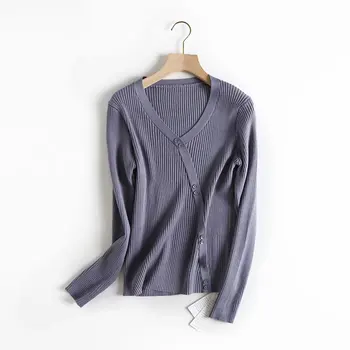 

Autumn temperament swan neck diagonal button sweater multi-color texture base V-Neck Sweater fashion simple