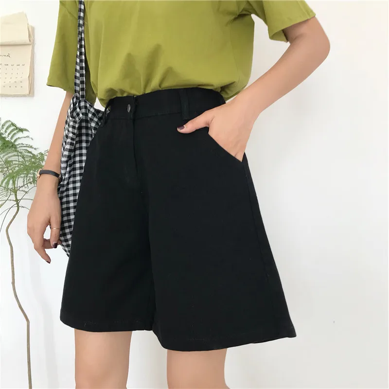 Шорты женские свободные летние новые модные корейские стильные женские s высокая посадка на пуговице летают джинсовые студенческие Harajuku повседневные шикарные мягкие - Цвет: black