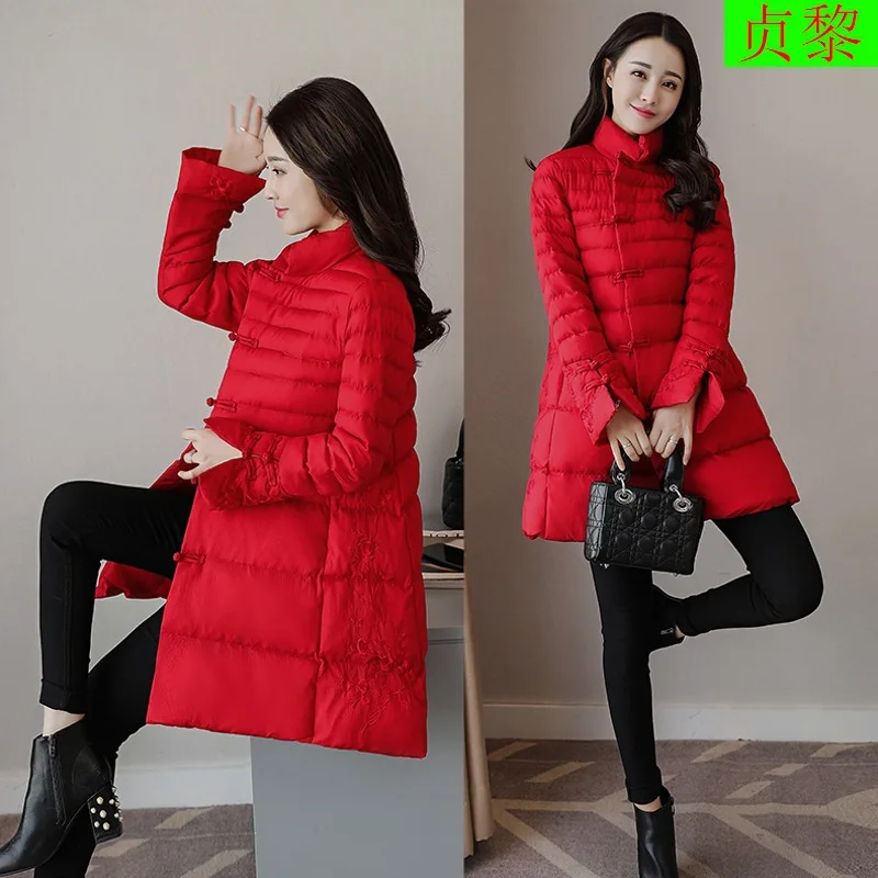 

2018 Winter New Style WOMEN'S Dress Korean-style Short-height Retro Cotton-padded Clothes Chinese-style Embroidered Frog Cotton