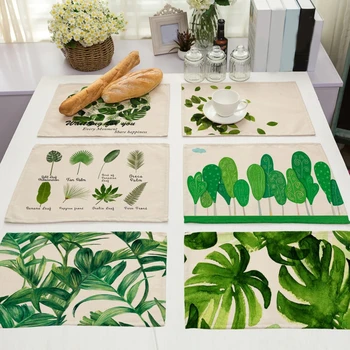 

2020 New 8Pcs Nordic Rectangle Placemat Tropical Green Palm Leaves Cotton Linen Bowl Mat