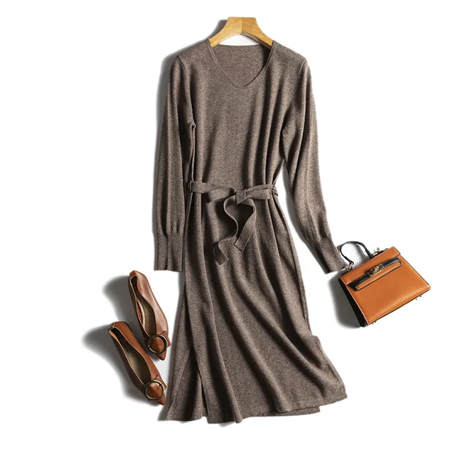SuyaDream 2021 Winter Midi Dresses 100%Basulan Wool V neck Sashes Pullover Dress 2021 Fall Winter Sweaters for Woman Black Mocha