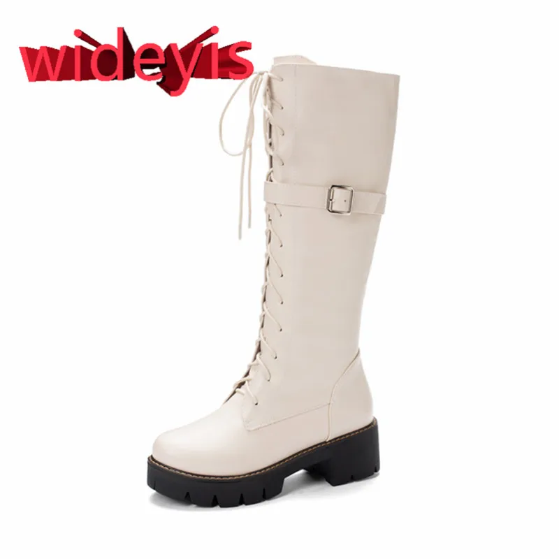 Shoes woman WIDEYIS leather retro women's boots knee high cross strap waterproof and comfortable fashion round head solid color - Цвет: Beige