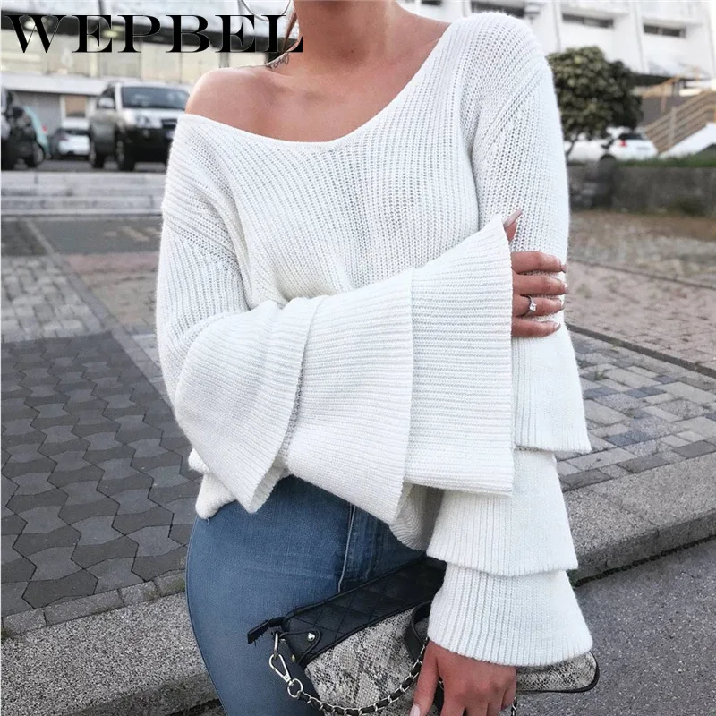 

WEPBEL Autumn Winter Fashion Solid Color Loose Sweater Women's Casual Flared Sleeve Strapless O-Neck Knitted Sweater