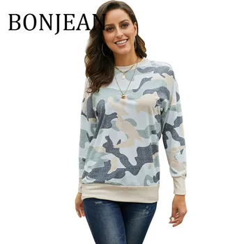 

BONJEAN 2019 Autumn Tops and Pullovers Long Sleeve Print Sweatshirt for Women's Clothing Casual Khaki Sweatshirts BJ1597