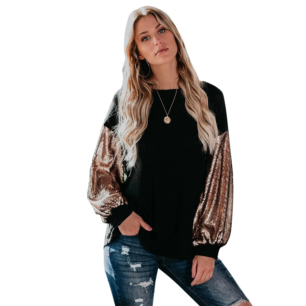 

2020 Womenâ€™s Sequins Stitching Sweater Loose Long Sequins Sleeve Solid Color Pullover Cardigan Autumn and Winter Jumper T Shirt