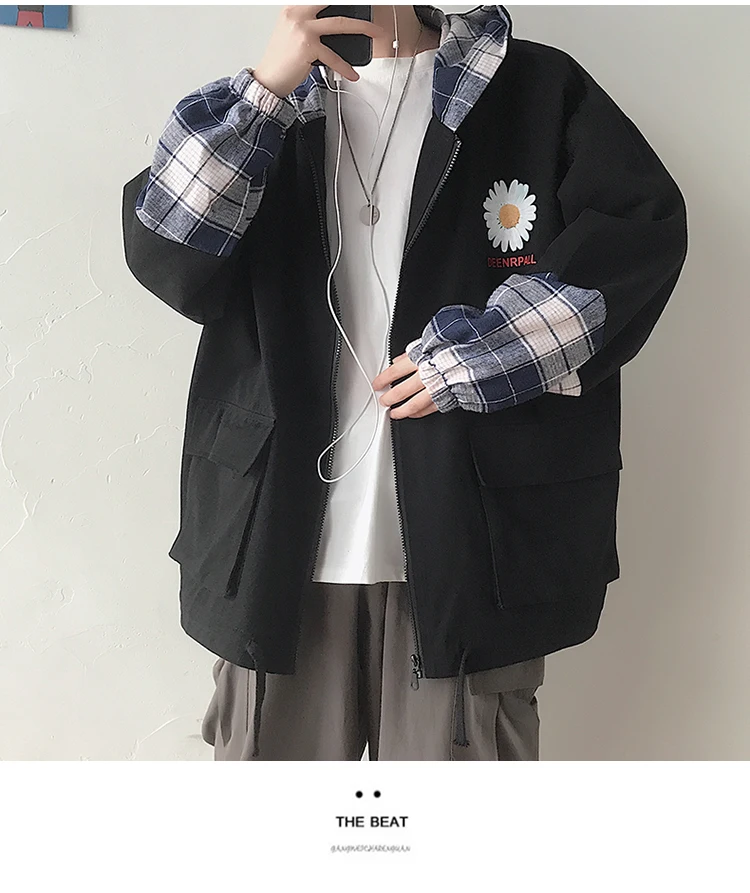 Autumn New Jacket Men Fashion Plaid Stitching Casual Hooded Jacket Man Streetwear Hip Hop Loose Bomber Jacket Male Clothes M-5XL