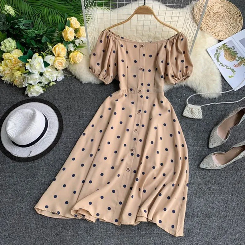 Лето Boho платье в горошек для женщин с длинным рукавом Puff Slash средства ухода за кожей Шеи повседневное платье в богемном стиле пикантные