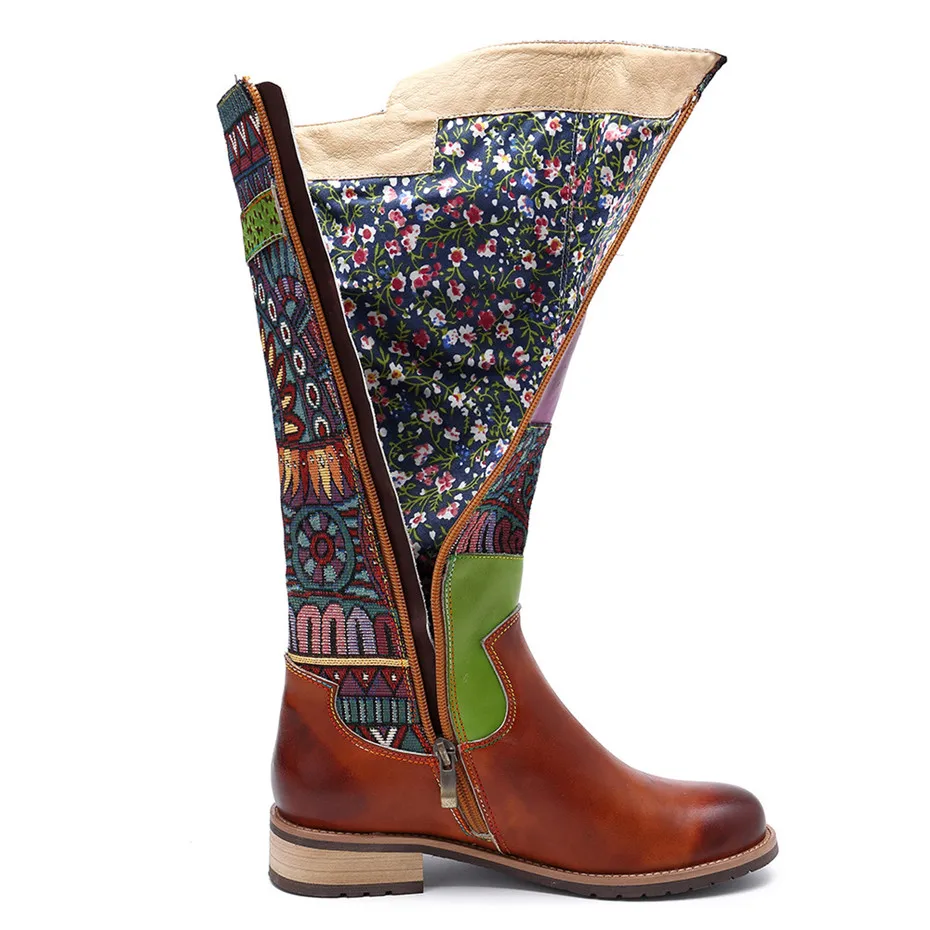 Модные сапоги до колена; женские зимние сапоги из натуральной кожи с цветочным принтом; женская обувь с пряжкой и молнией; botas на высоком квадратном каблуке; большие размеры