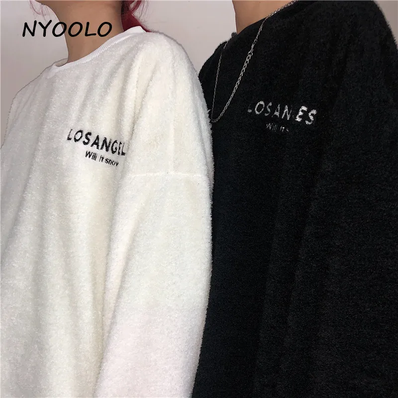 NYOOLO осенне-зимняя уличная одежда с вышитыми буквами, одноцветная флисовая толстовка с капюшоном, винтажные свободные пуловеры с круглым вырезом, теплая Толстовка для женщин и мужчин