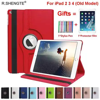 

For iPad 2/3/4 Case 360 Rotating Pu Leather Stand Smart Cover for iPad3 iPad2 iPad4 9.7 inch Tablet Case Funda With Pen+Film