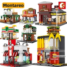 SEMBO MOC City Mini Street View Sence Fast Food Coffee Store Shop House Model Building Blocks Kids Toys For Boys Children Gifts