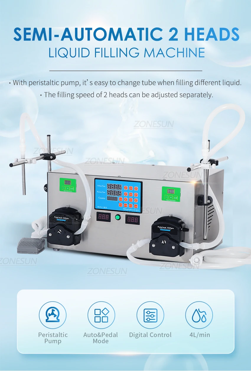 ZONESUN Semi-automatic 2 Nozzles Peristaltic Pump Liquid Filling Machine