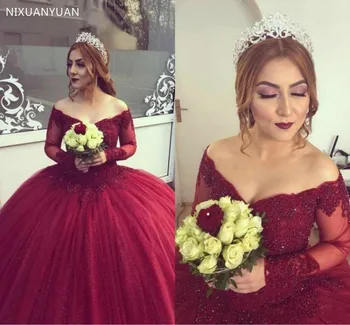 

Burgundy Ball Gown Quinceanera Dresses Off Shoulder Long Sleeves Plus Size Sweet 16 Lace Appliques Tulle Puffy Prom Gown