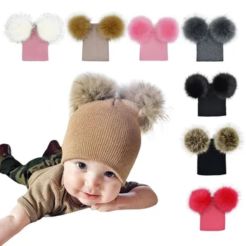 

New Infant Baby Girls Boys Crochet Knit Winter Warm Faux Fur Ball Hat cute Pompom Beanie Cap for kids Cotton Baby Hat Earbud hat