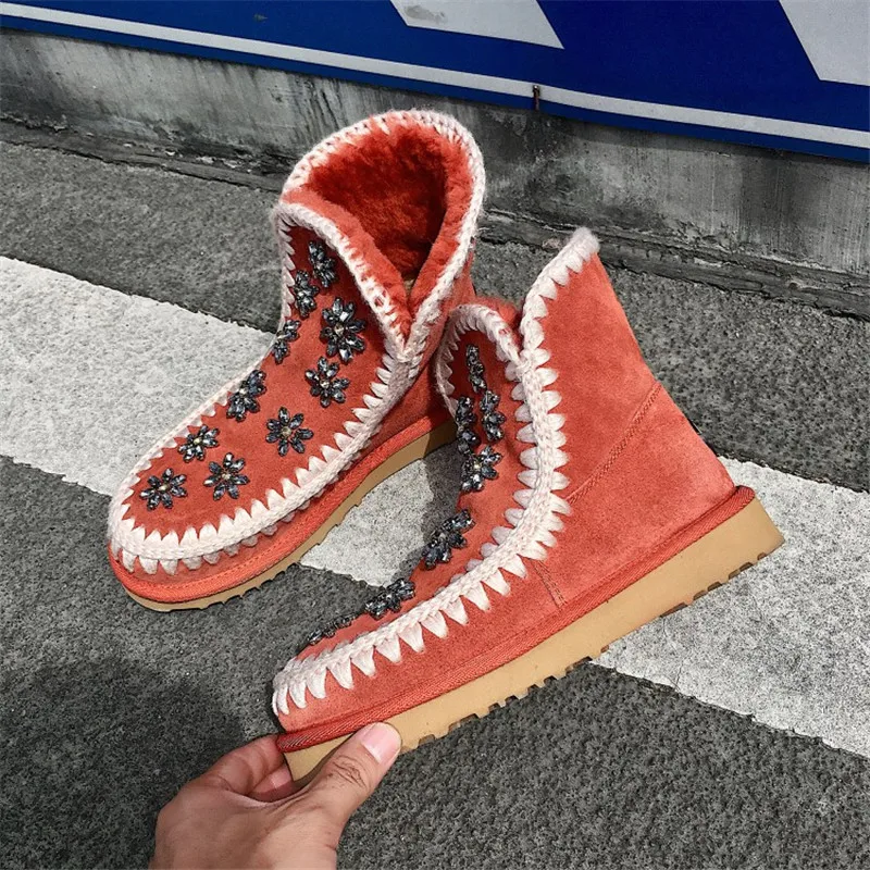 Kaufen High Top Bling Bling Pelz Müßiggänger Schuhe Winter Frauen Perlen Wohnungen Damen Slip auf Wolle Schuhe Komfort Gummi Sohle schnee schuhe