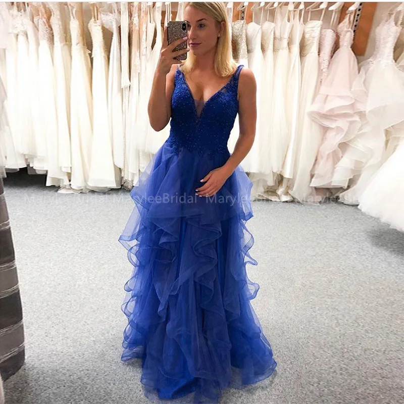 Великолепные трапециевидные Платья vestidos de graduacion largos, новинка, платья для выпускного вечера, Королевский синий цвет, вечерние платья с бусинами, платья для выпускных вечеров с оборками