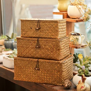 

3pcs New Seaweed With Button Woven Basket Straw Woven Debris Desktop Storage Box Hand-woven Storage Basket - Size S, M, L
