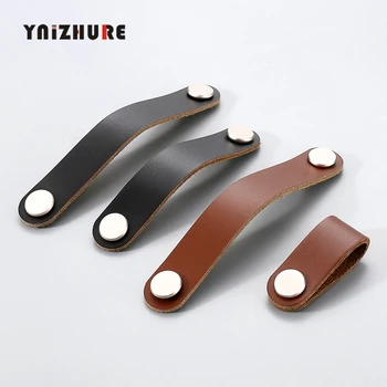 Leather Door Knobs and Handles for Cabinet Kitchen Cupboard Black Brown Furniture Handles Dresser Wardrobe Drawer Pulls