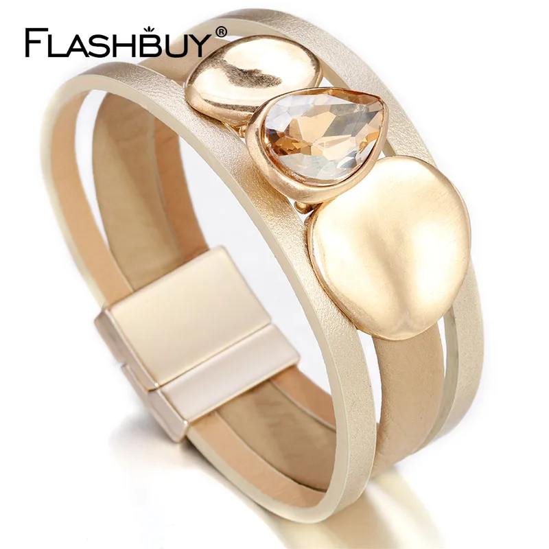 Женский кожаный браслет FLASHBUY большой с кристаллами уникальный магнитный широкой