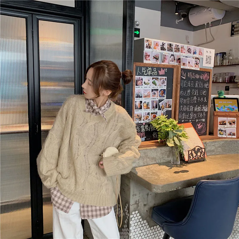 Women's Classic Plaid Casual Bow Collar Shirt Female Korean Twist Wild Loose O-neck Knit Pullover Sweater Two-piece Tops ML235