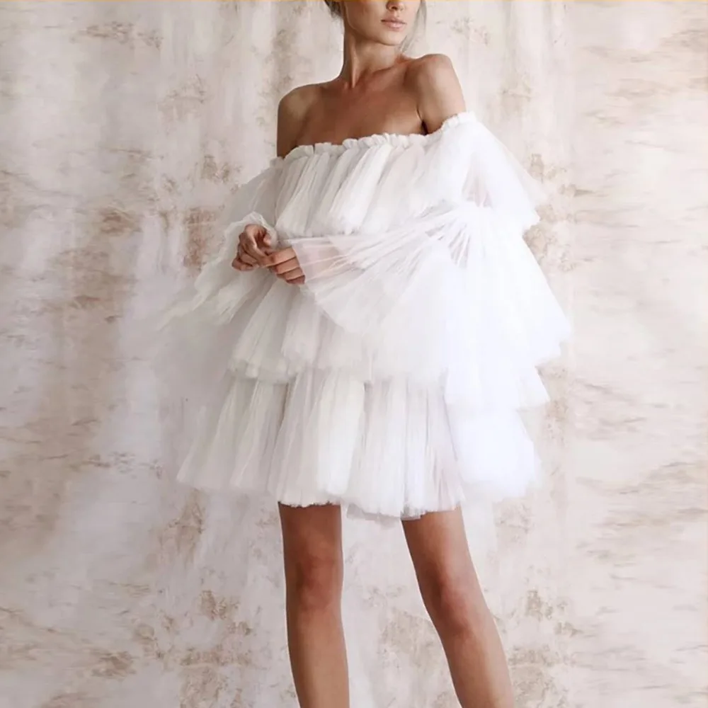 White Knee Length Puffy Tulle Dress For 