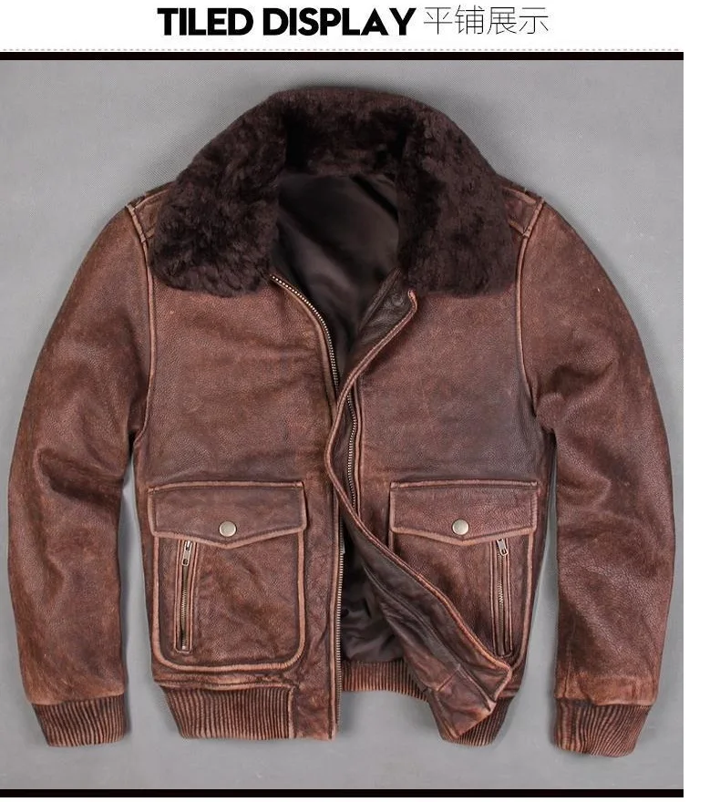 

Free shipping. Brand man winter warm thick leather Jackets men's genuine Leather vintage A2 jacket.Brown fur coat.