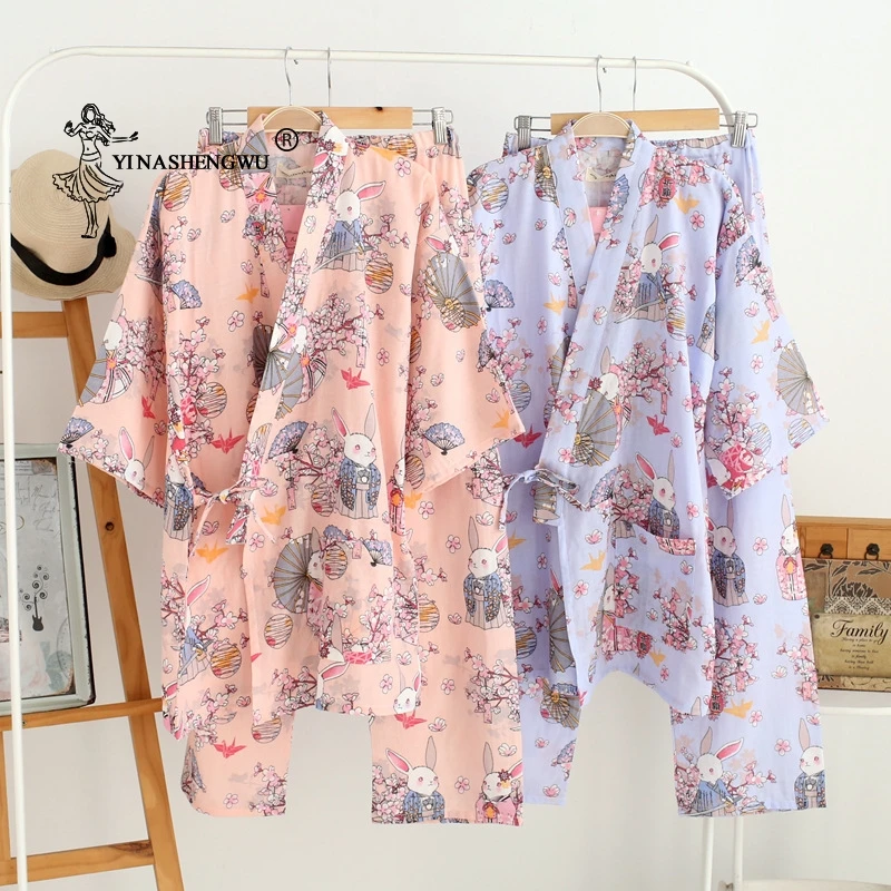 Thin Loose Cardigan Pajamas Japanese Kimono Yukata Women Set Summer Pure Cotton Rabbit and Cherry Blossom Print Home Serve Suit |