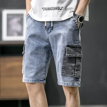 

2020 Men Summer Short Men's Classic Jeans Shorts Trouers Brand Denim Light Blue Bigger Pocket OverSize