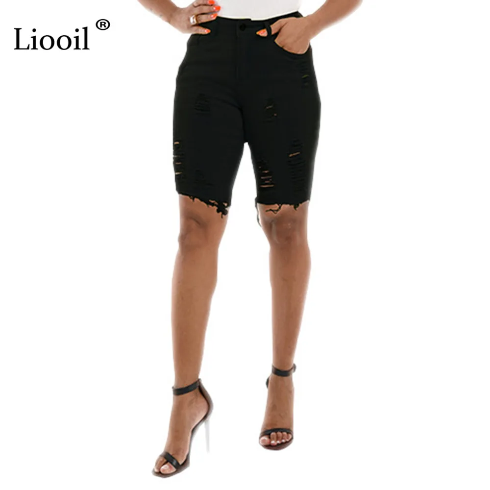 Liooil Sexy Skinny Denim Jeans Womens With Pockets Holes High Waist Knee Length Pants Bottoms Wash Distressed Jean Trousers