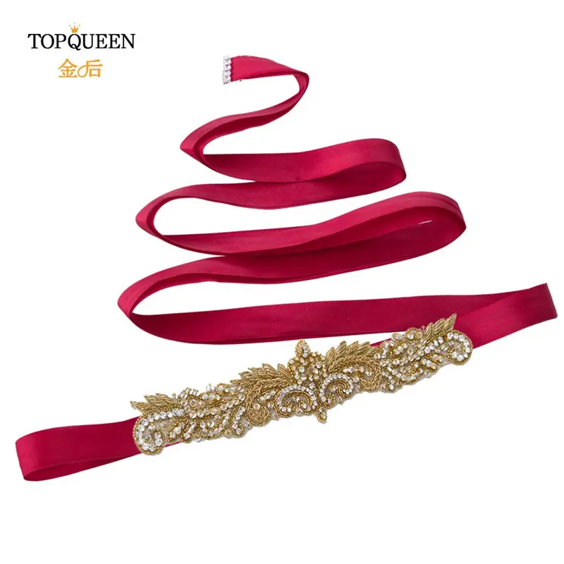 wine red TOPQUEEN S375-G горный хрусталь Женский поясной ремень из бисера Индийские ремни индийские кружевные свадебные ленты Золотой свадебный пояс-лента модный пояс - Цвет: wine red