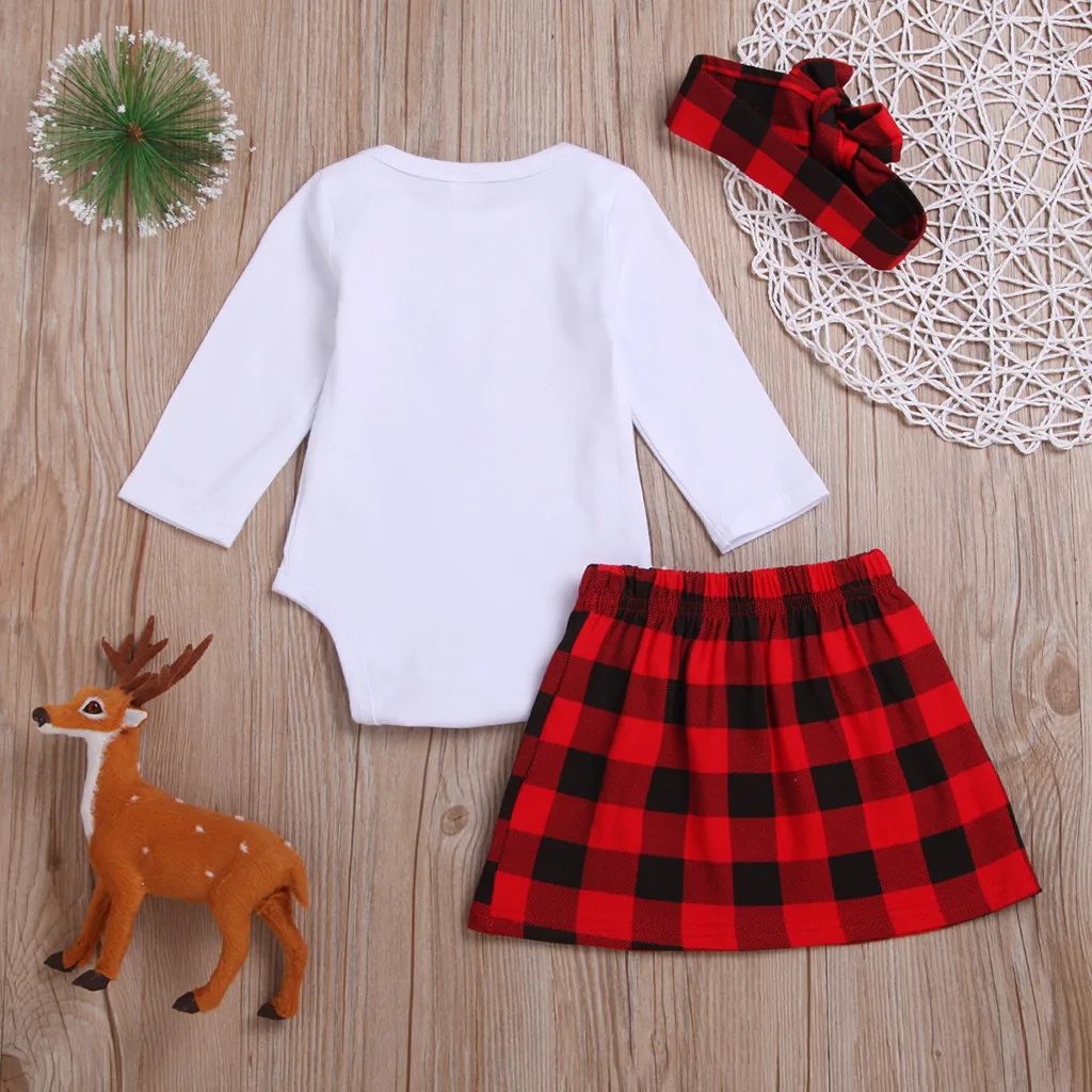 Детский комплект одежды для девочек с принтом «Мой первый Рождественский олень», комбинезон с длинными рукавами+ клетчатая юбка+ повязка на голову