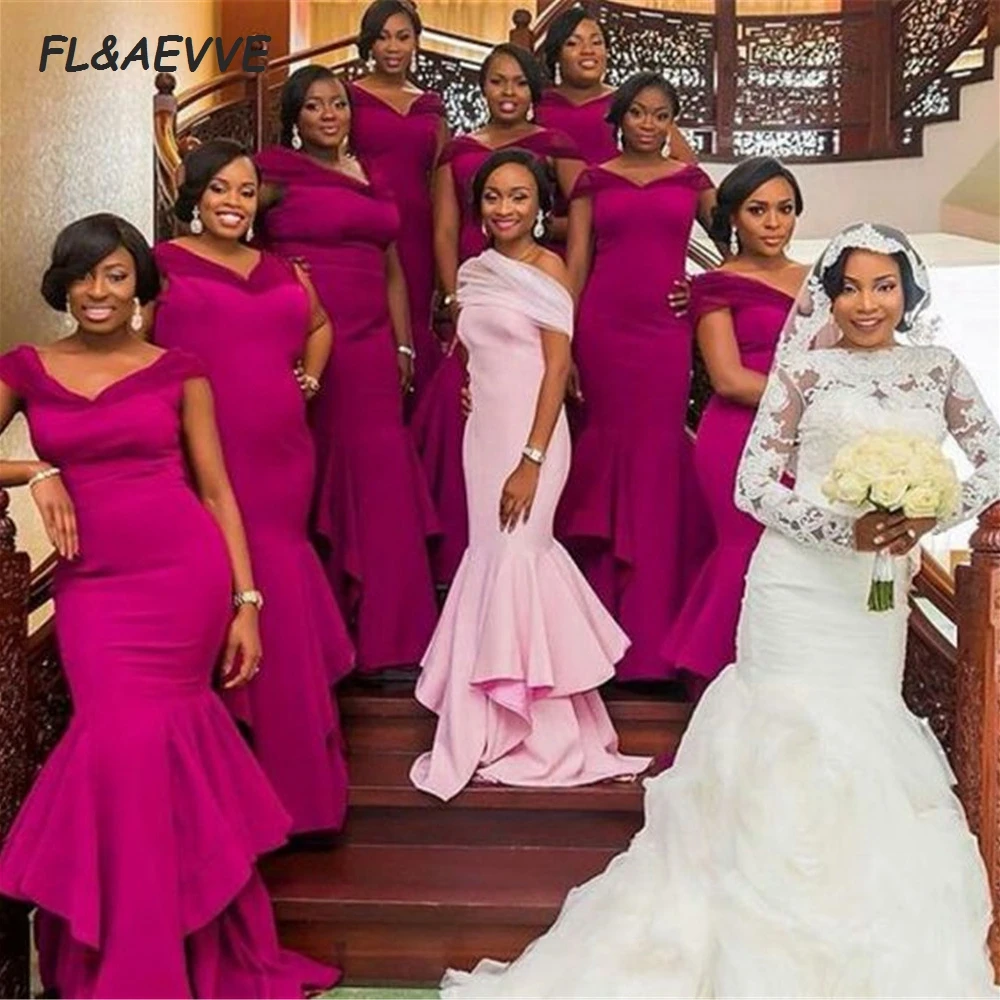 

South African Mermaid Bridesmaid Dresses Cap Sleeves V-Neck Black Girls Bridesmaid Dress for Wedding Party