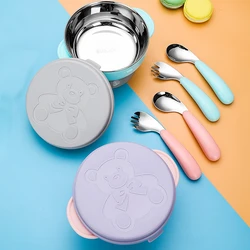 Ensemble de vaisselle en acier inoxydable, bol, cuillère, fourchette, bol d'alimentation, enfants, plats à manger avec aspiration, assiette d'entraînement pour enfants, dessin animé 