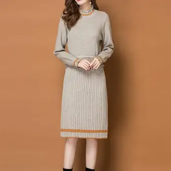 

Vintage Knitted Sweaters And Pencil High Waist Skirt Two Piece Set Solid Casual Ruffles Jumpers Outfits Sweater Suits