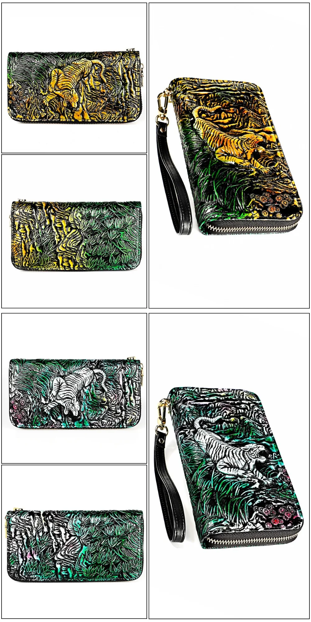 Men's Dragon Genuine Leather Wallet 3D Crocodile Tiger Cowhide Long Wallet with Phone Pocket Fashion Vintage Zipper Long Purse