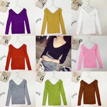

ETOSELL Autumn Winter Women Sweaters Sexy Slim V-neck Solid Color Long-sleeved Knit Pullovers
