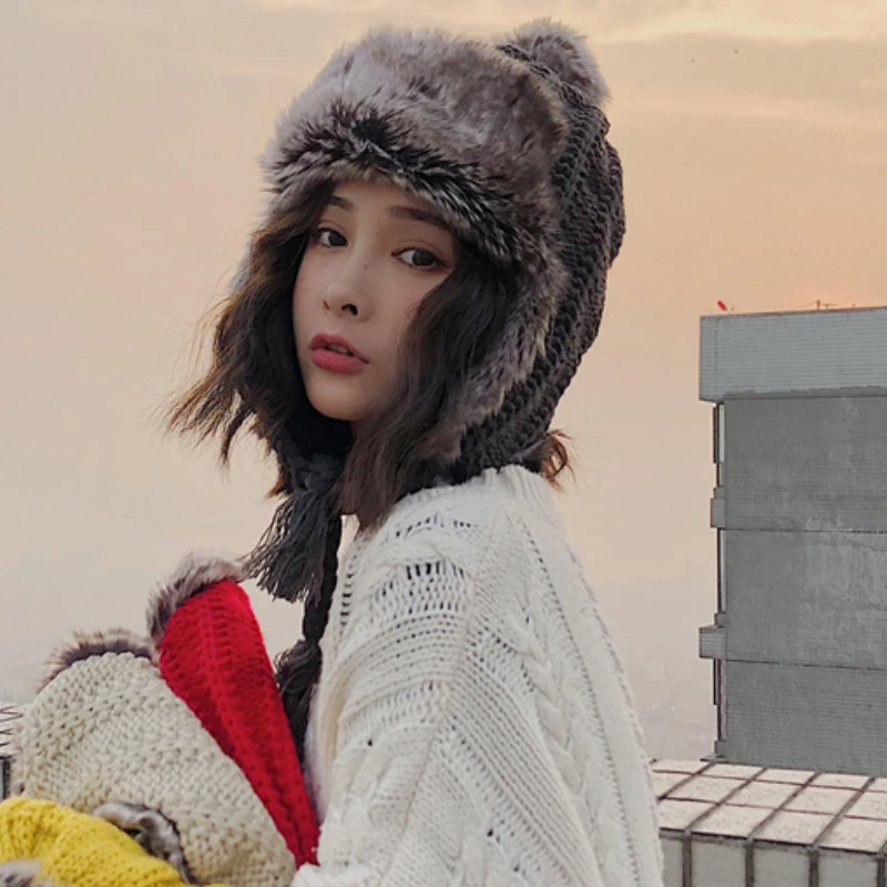 

Women Winter Hat Thick Warm Faux Fur Trapper Earflap Cap Pompoms Knitted Skullies Beanies Ladies Ski Winter Beanie Hat