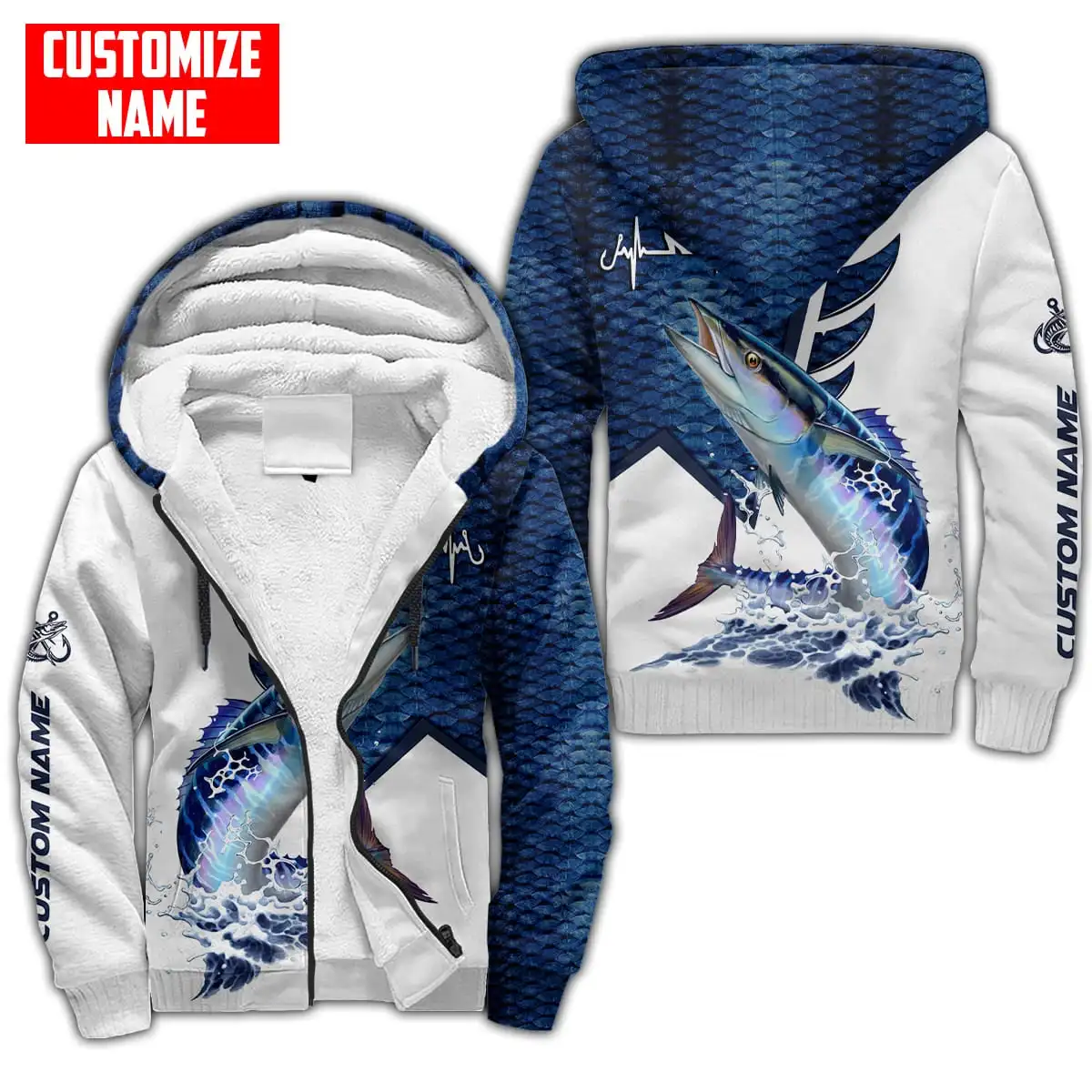 Custom Name Tuna Fishing 3D Printed Winter Thicker Zip Hoodie Unisex Casual Hooded Coat Tracksuit Warm Fleece Jacket JH07