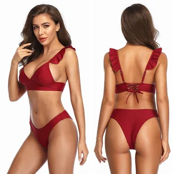 

2020 Summer Beachwear High Waist Solid Ruffle Bikini Set Swimwear Women Bathing Suit Sexy Swimsuit Biquinis Beach Wear Female