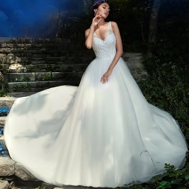 Спагетти ремни Vestido Novia Boho V шеи Trajes Расшитое бисером Abito Sposa кристаллы Королевское бальное платье для процессии винтажное свадебное платье