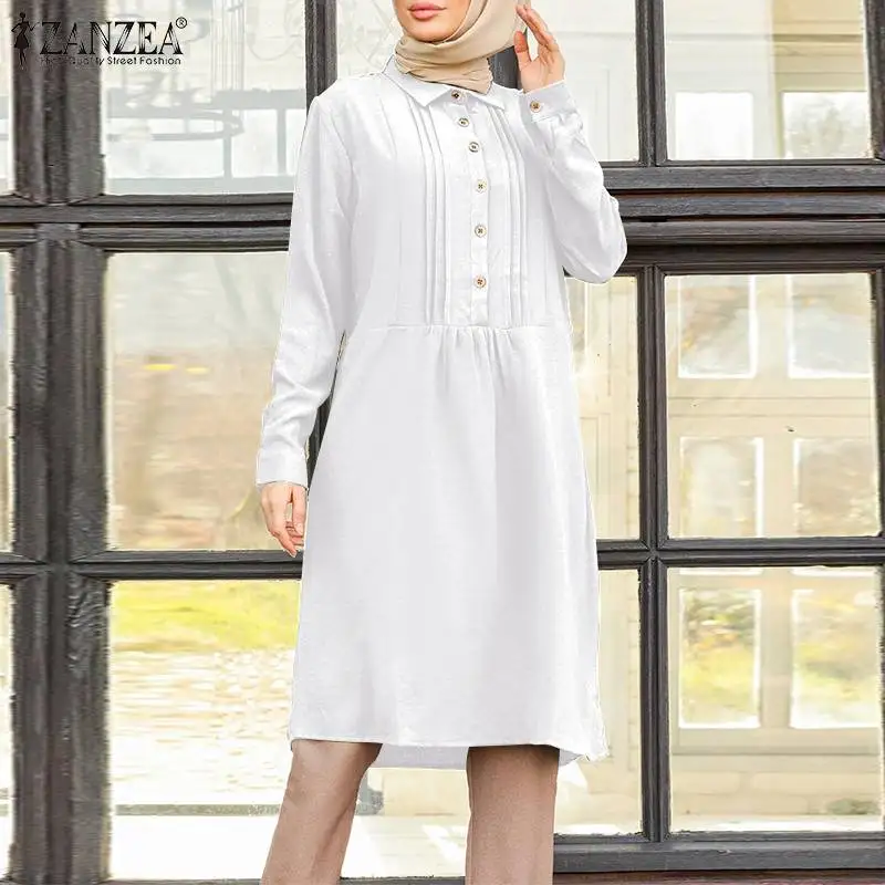 ZANZEA Autumn Blouse Vintage Lapel Neck Long Sleeve Solid Muslim Tops Casual Shirt Dubai Turkey Abaya Hijab Blusas Islamic | Тематическая