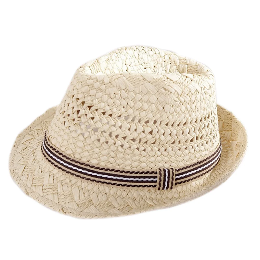 Простая модная детская соломенная шляпа ручной работы, винтажная Кепка с широкими полями, летняя пляжная Солнцезащитная шляпа для мальчиков и девочек, B99 - Цвет: Бежевый