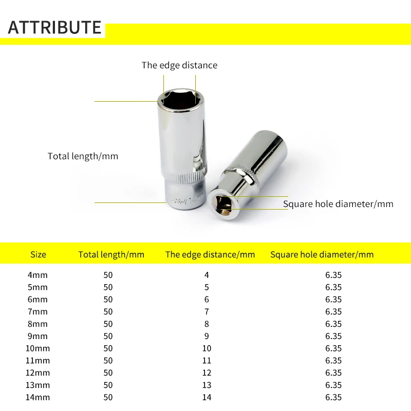 1 шт. 1/4 дюймовый накопитель 6,3 мм хром-ванадиевая 6-точечный глубокое гнездо автомобильного ремонт инструментов набор гаечное ключа с головой 50 мм Длина