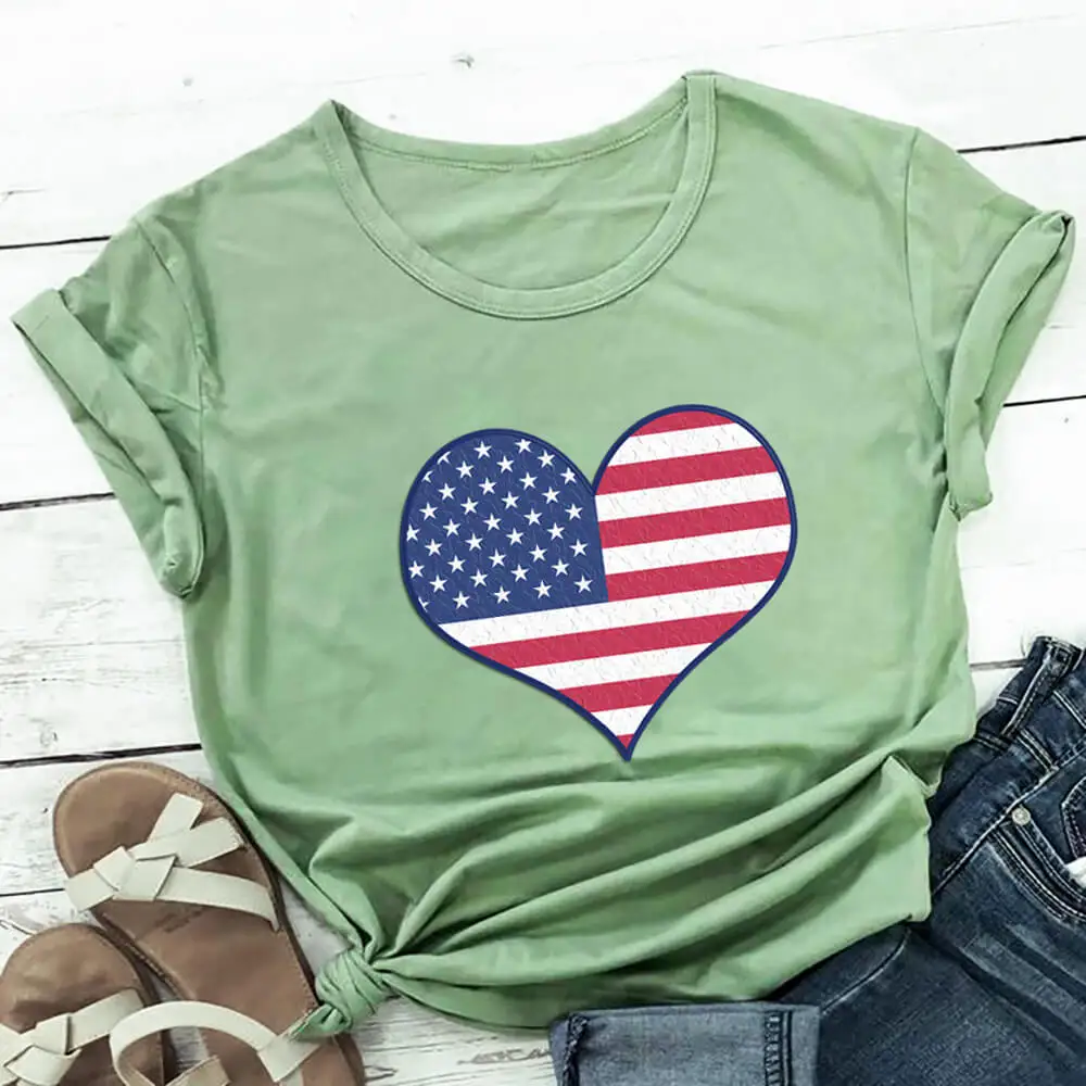 

В форме сердца с американским флагом графический принт 4th Of July 100% хлопчатобумажная Женская футболка унисекс июля 4th Повседневная летняя футболка с короткими рукавами Топ праздник Tee